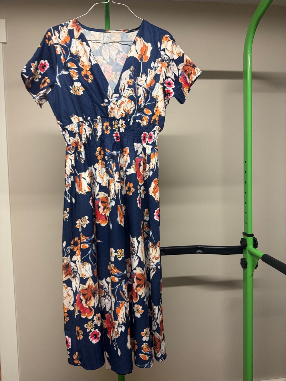 Navy Floral V-Neck Midi Dress